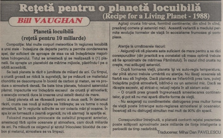Bill Vaughan, Rețetă pentru o planetă locuibilă ( Recipe for a living planet, 1988)